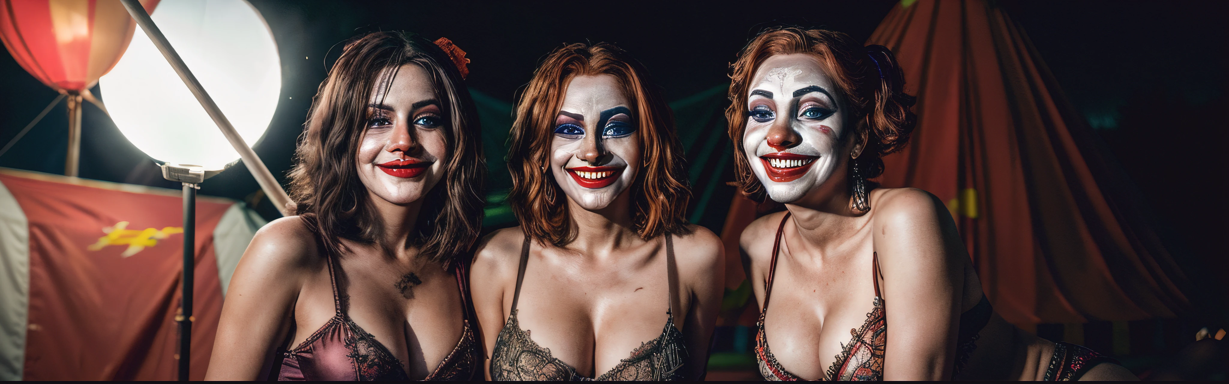 photo of 3women sexy creepy female clowns sitting in front of a circus tent at night, clown-makeup, (creepy grins), detailed face, dynamic posing, Ray tracing, high quality, highly detailed, 8k, sharp, RAW photo, realistic, (flash photography:1.3), Fujifilm XT3, (sharpen light:1.2), (intricate shadows:1.3)