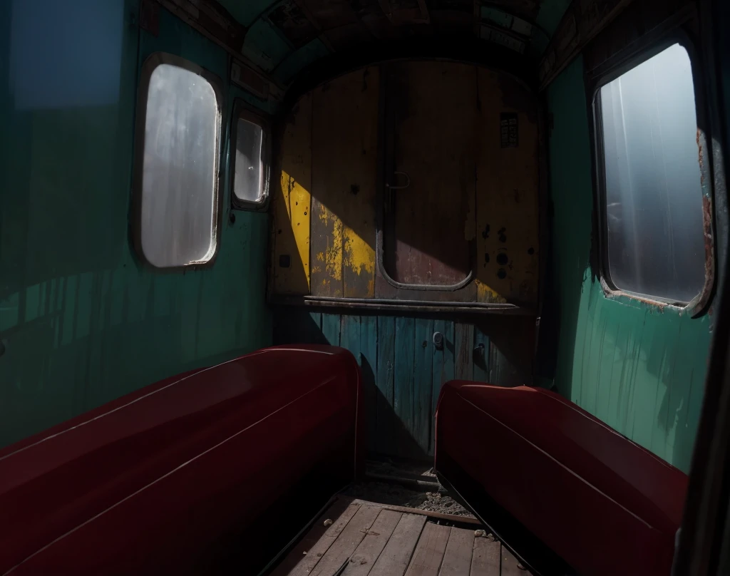 Abandoned train car, Vista desde el interior, hay dos rectangulares de cuero color vino., todo es viejo, Noche, extremely cold, The only window there is covered with old wood., oscuro, There are only two benches on the sides., the cabin is very small, train in terrible conditions, todo esta encerrado, oscuro, sin luz, viejo, roto, usado, atmosfera oscura, no hay luz que ilumine el lugar
