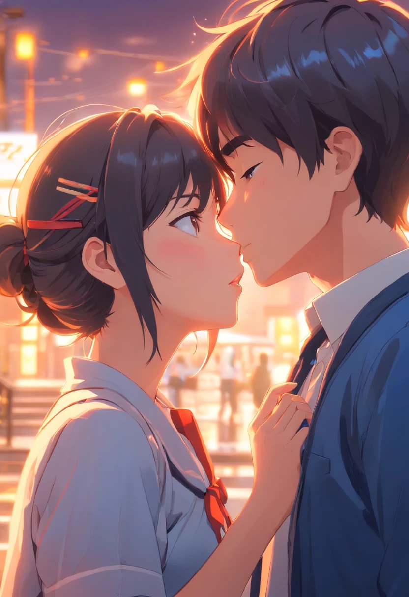 schoolboy kisses cute girl, UHD, textured skin, best quality, super detail, highres, HD, 1080P, 8k, 4K, high quality, high details, anatomically correct, ccurate, award winning