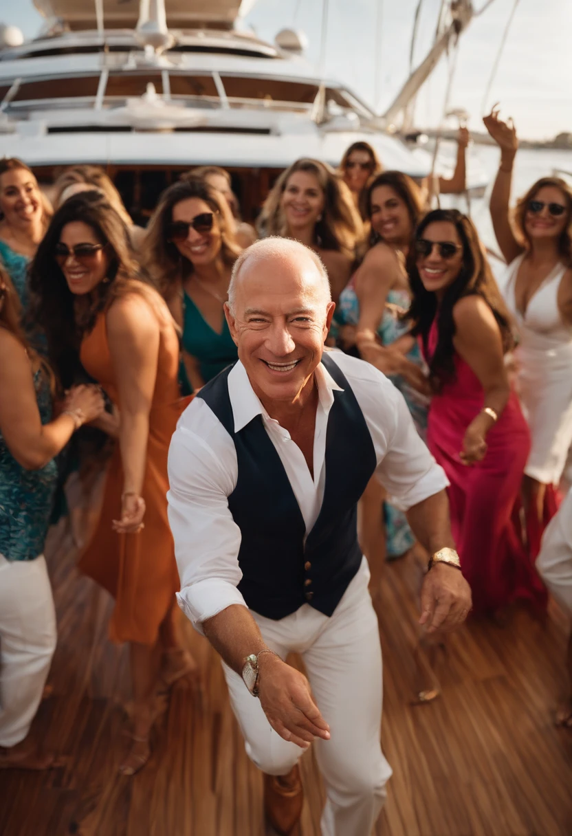 A photo of the billionaire surrounded by a group of Latina women, dancing salsa on the deck of the yacht,original,Jeff bezos , male
