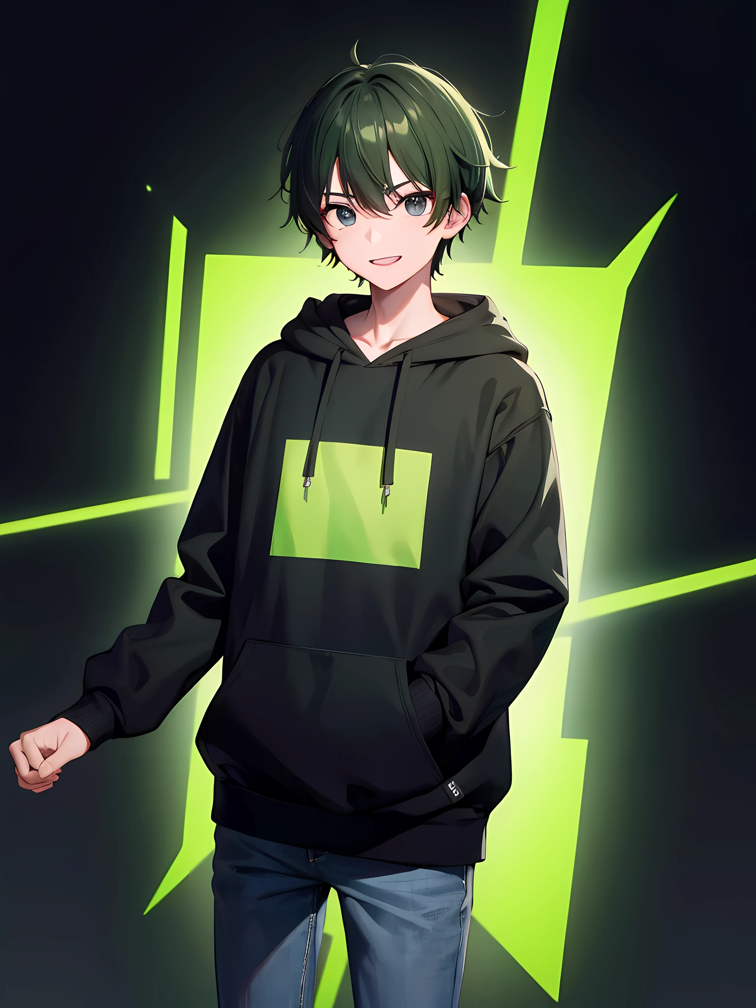 1 boy, teenager, light and dark green hair, black eyes, black hoodie slightly covering the hair, green strips on the sleeves , plain black jeans, school background,absurd res,8k, masterpiece, looking at viewer, mature make, hard smile