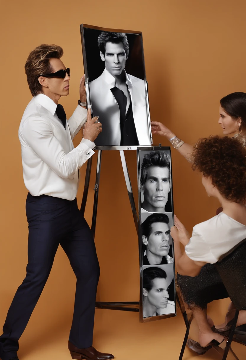 A photo of Derek Zoolander teaching a fashion modeling masterclass to aspiring models,Zoolander films,Derek Zoolander, the fictional supermodel from the “Zoolander” films, played by Ben Stiller, is known for his distinctive and exaggerated fashion style. He often sports flashy, avant-garde outfits that mirror the over-the-top nature of the fashion industry he represents. Derek’s signature “Blue Steel” look is characterized by his pursed lips and intense, smoldering gaze, which he comically believes to be highly influential and groundbreaking. His well-groomed hair and chiseled facial features contribute to his portrayal as a somewhat clueless yet beloved fashion icon., male