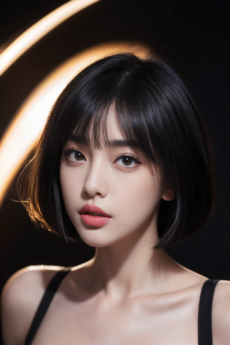 Hyper-Realism,  maximum resolution, ​masterpiece, highly detailed, Detailed lips, A detailed eyes, double eyelid, black bob-shaped hair,  ((glamorous body)), ((huge breasts)), Japan cute girls,  short-cut, Bangs down, ((Dark background))