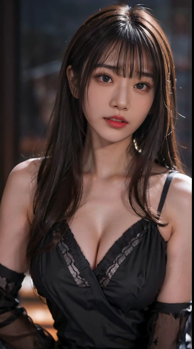 Japan cute girls, cinematic lighting, high resolution, Best Quality, Huge breasts:2.0, long hair, Bangs down, Brown hair, Natural Skin Texture, Detailed skin, Well-formed face, open mouse, skintight black top:1.2, black shirt, blue Eyes, sharp face, sharp eyes, ((Dark background)),
