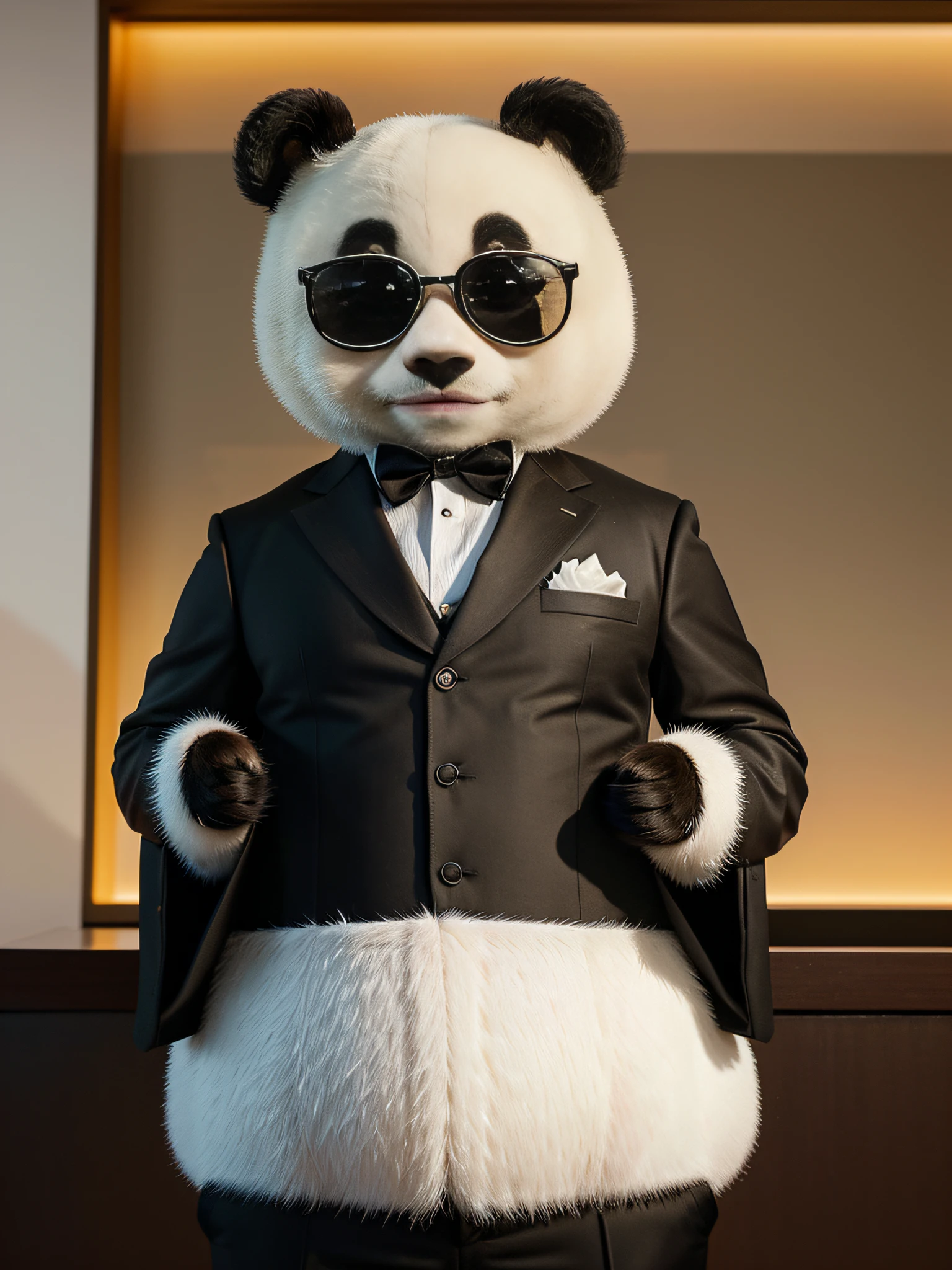 The representation depicts a panda bear in a suit and tie, exuding elegance and style. An homage to Kar Wai Wong's film style, with artistic direction from Derek Zabrocki, Adam Marczyński, and Pedro Pedraja. The panda, transformed into a symbol of sophistication, channels a "heckin cool" vibe. Luo Ping's influence adds cultural layers, creating a unique fusion. High-quality art showcases meticulous details, from fur texture to sunglasses. "Panda Panda Panda" hints at the captivating nature of this stylized artwork, elevating the panda to levels of elegance and freshness.