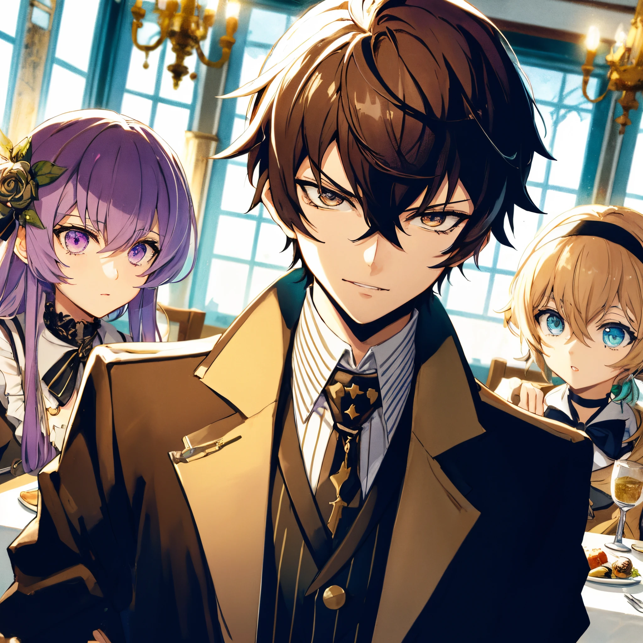 personagens de anime em um restaurante com uma mesa cheia de comida, visual chave anime de elegante, inspirado em Okumura Masanobu, visual novel chave visual, Kawacy, visual chave, visual chave do anime", arte chave do anime, arte chave do anime, arte chave detalhada do anime, key art anime sharp focus, inspirado em Okumura Togyu, popular isekai anime