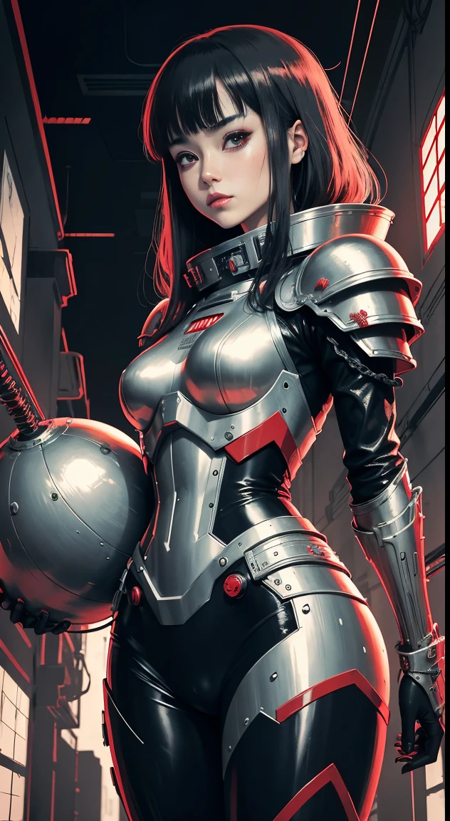 anime style from 80's, (woman in Sci-fi armor, dark red-gray armor), Junji Ito style, sweat under eyes, ink sketch, monochrome with two colors, tubes and wires from armor, complex background, dark drawing in black gradients, Junji Ito style, ghost in armor, small key, non-contrasting