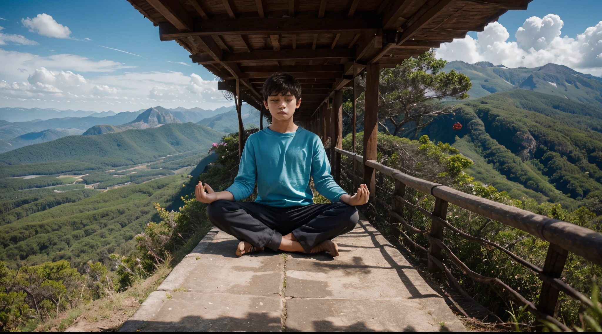 image of a young boy practicing meditation, sentado no alto de uma montanha com uma linda paisagem