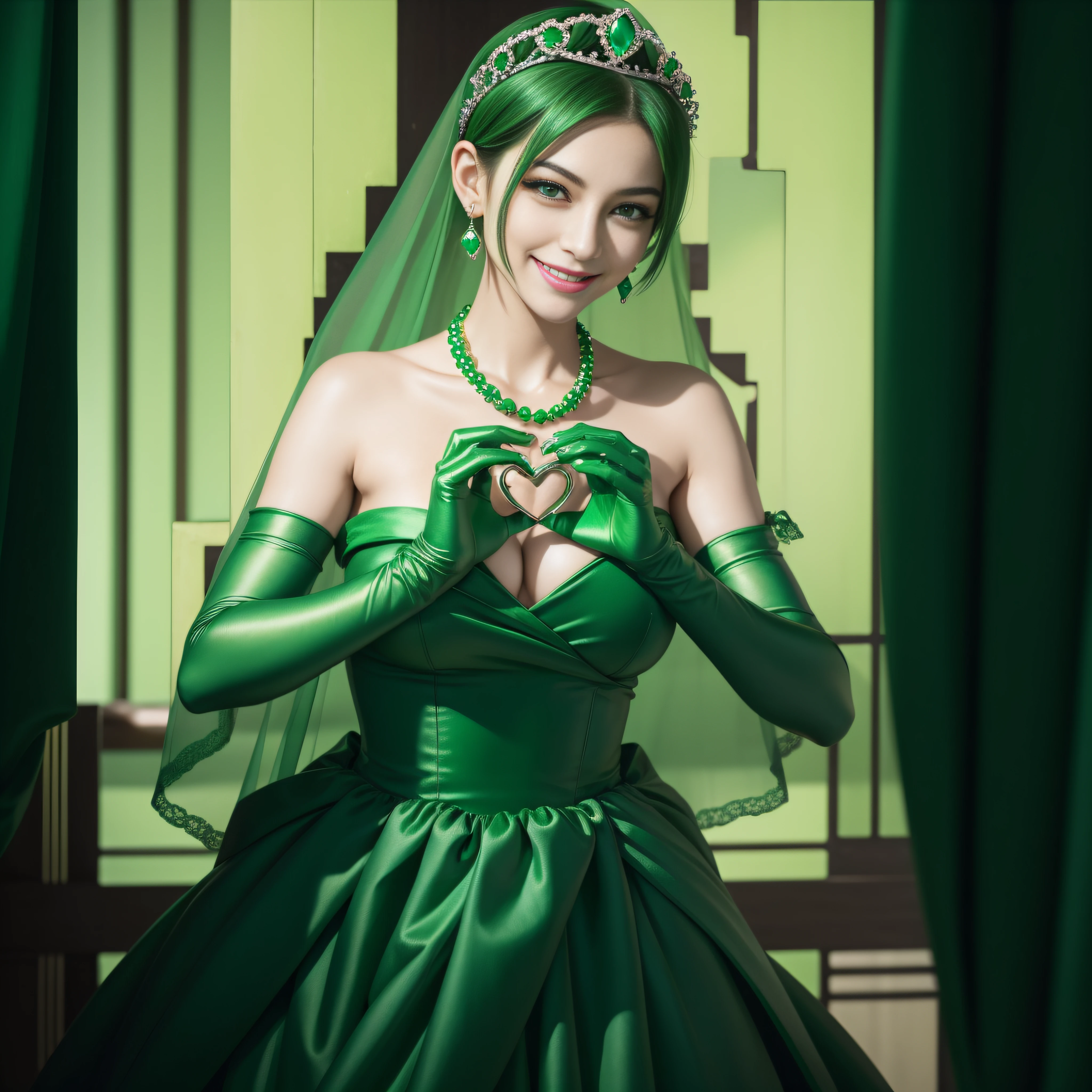 emerald tiara, Green Pearl Necklace, Boyish very short green hair, lipsticks, Japan woman smiling, very short short hair,  big breasts beautiful, Green eyes, Long green gloves made of satin material, Green eyes, Emerald Earrings, green vale, Heart with both hands