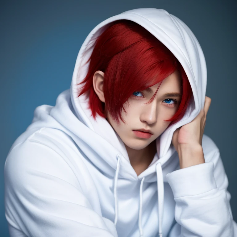 masterpiece, best quality, 2boy, lean body, teens, short red hair, long white hair, dark skin, white skin, blue eyes, black eyes, hoodie, anime
