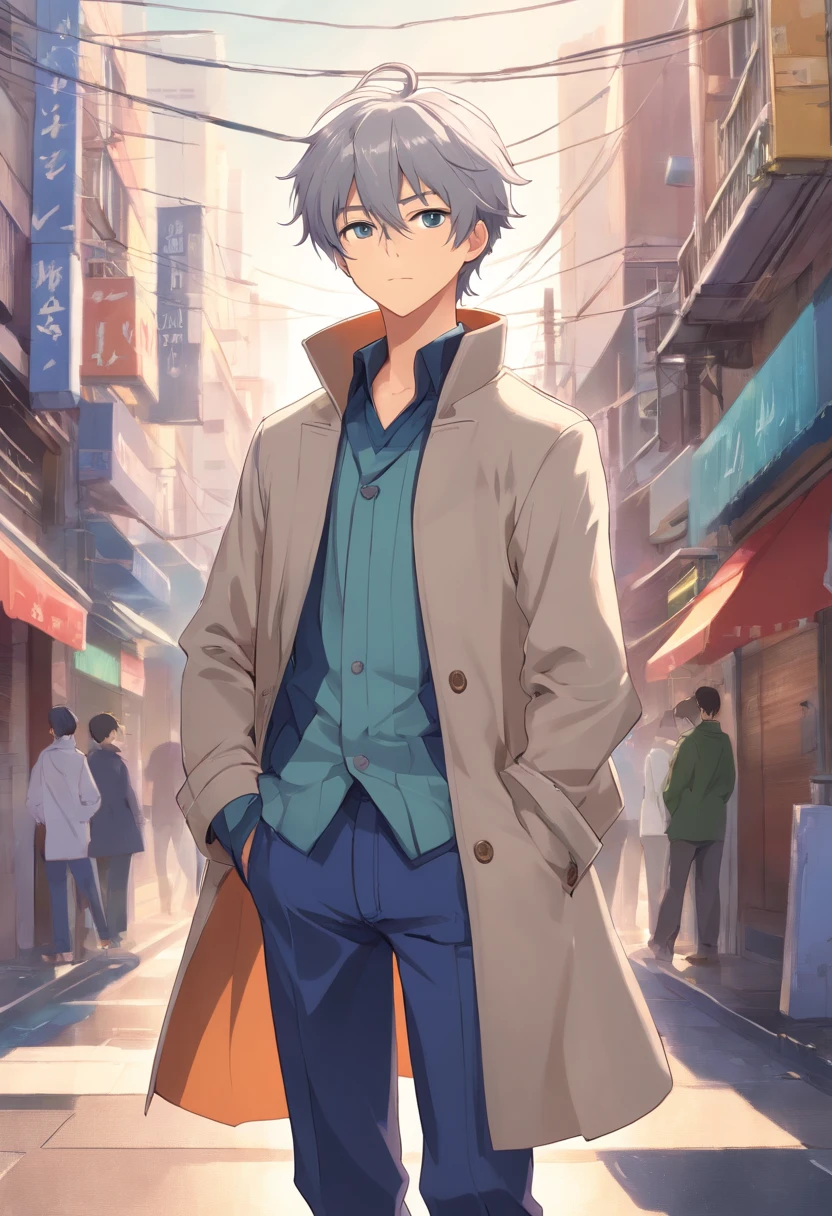 one male teenager, adorable, captivating, messy silver hair, one with hand on his waist, wearing a silver colored double-breasted coat with large cuffs that's open down the middle, standing on two feet, full body committee, 4k, ultra high resolution, delicate eyes, relaxed, gentle expression, softly confidently,