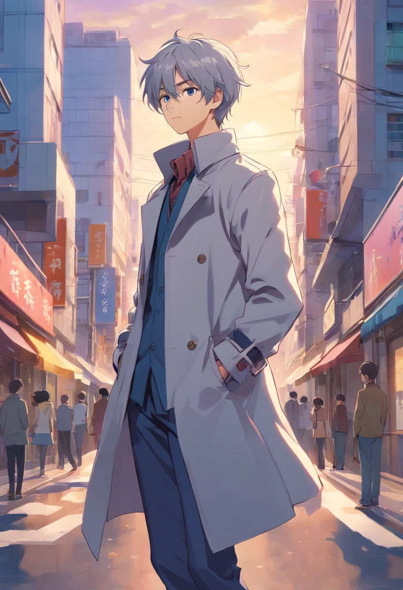 one male teenager, adorable, captivating, messy silver hair, one with hand on his waist, wearing a silver colored double-breasted coat with large cuffs that's open down the middle, standing on two feet, full body committee, 4k, ultra high resolution, delicate eyes, relaxed, gentle expression, softly confidently,