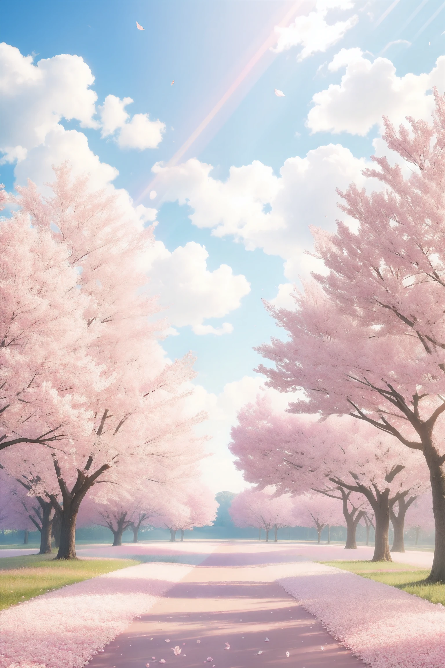 Lots of pink trees, Wide sky, white clouds , flower petals , florals, Aesthetic serene bliss, diffuse glow, god rays, chromatic abberation, Caustics, High light scattering