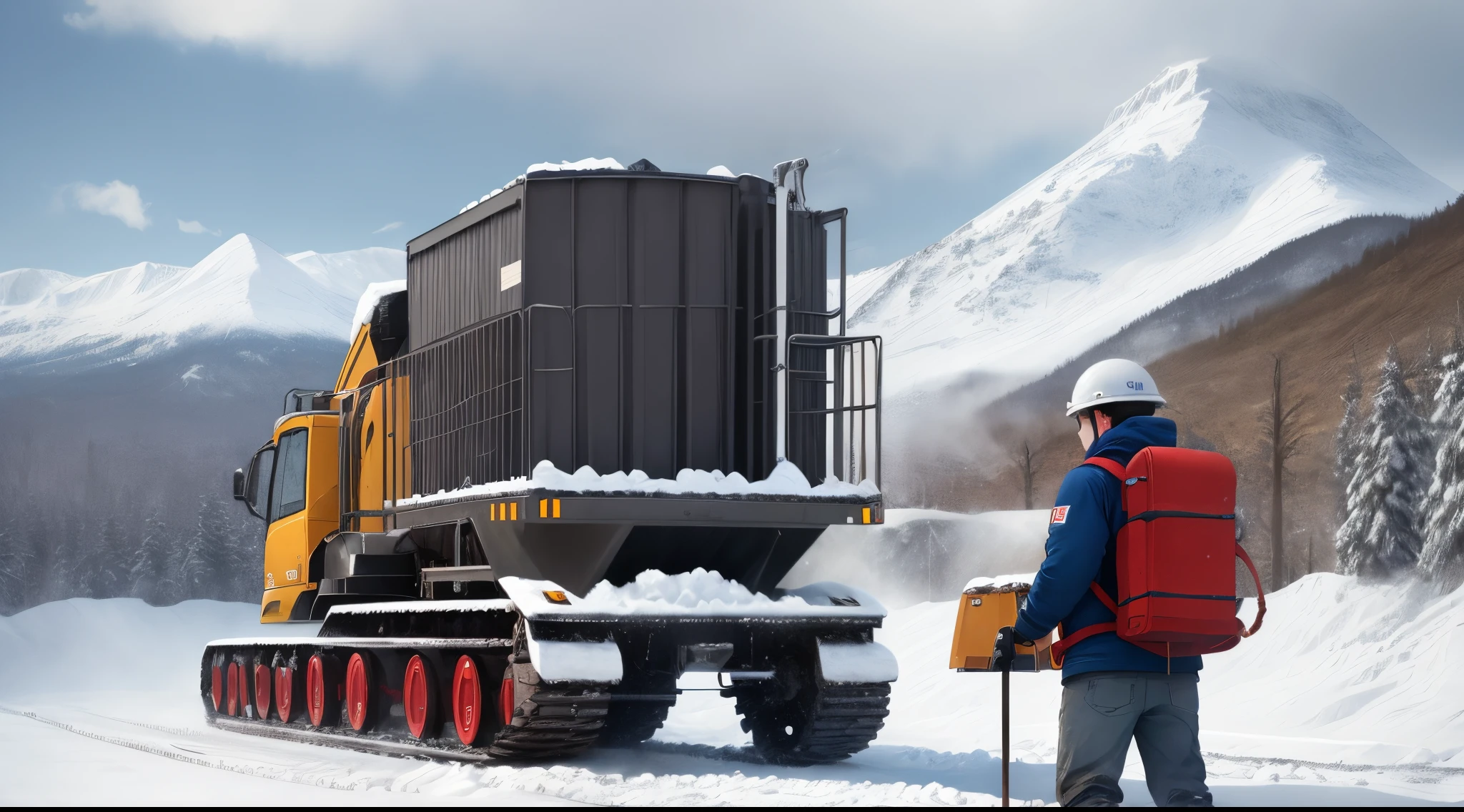 Mining logo with a miner and a red and blue snow