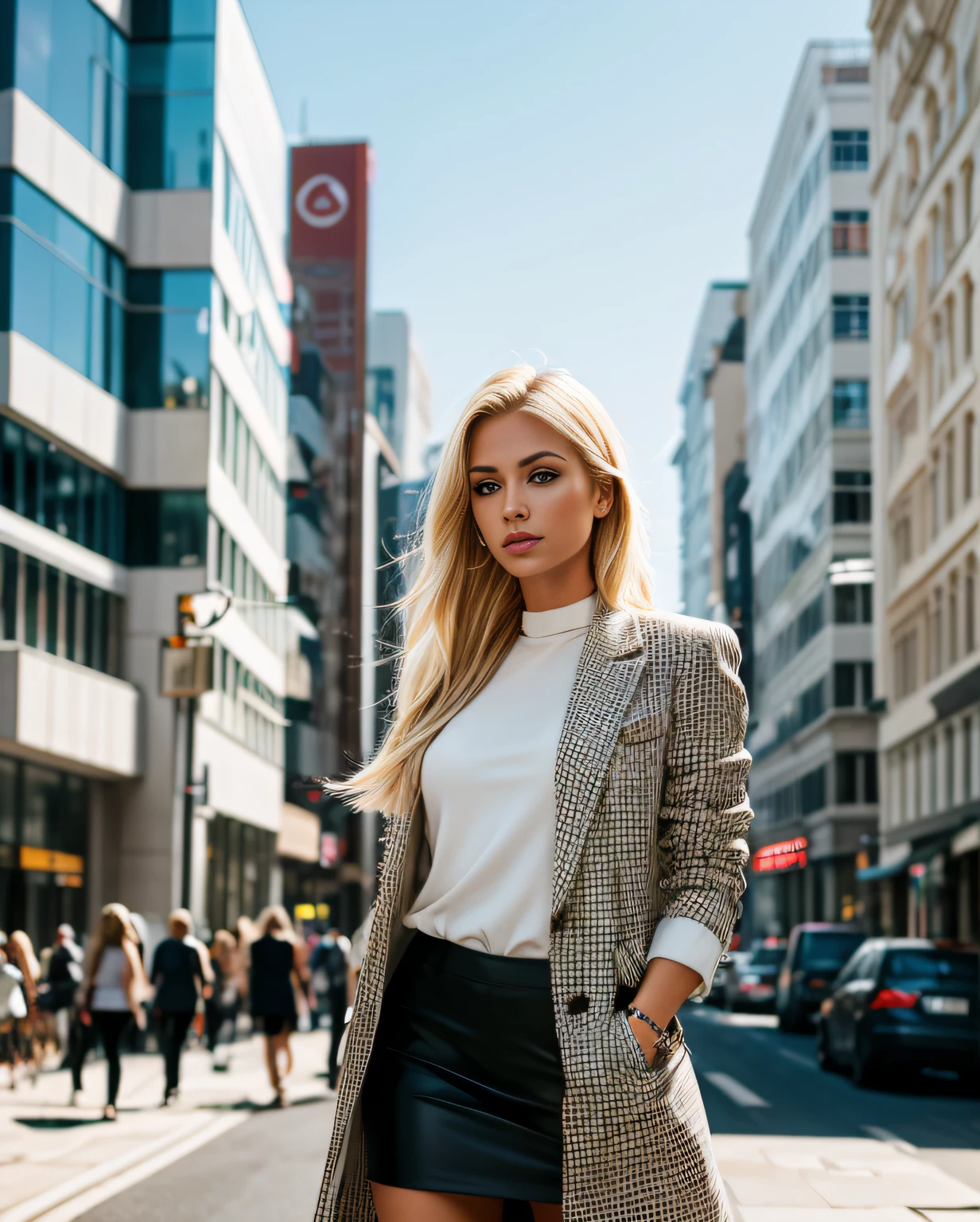 A stylish and confident woman with blonde hair standing in a bustling city street, dressed in the latest fashion trends, surrounded by modern architecture and urban energy, Photography, candid shot with an emphasis on contemporary fashion and street style blonde haired