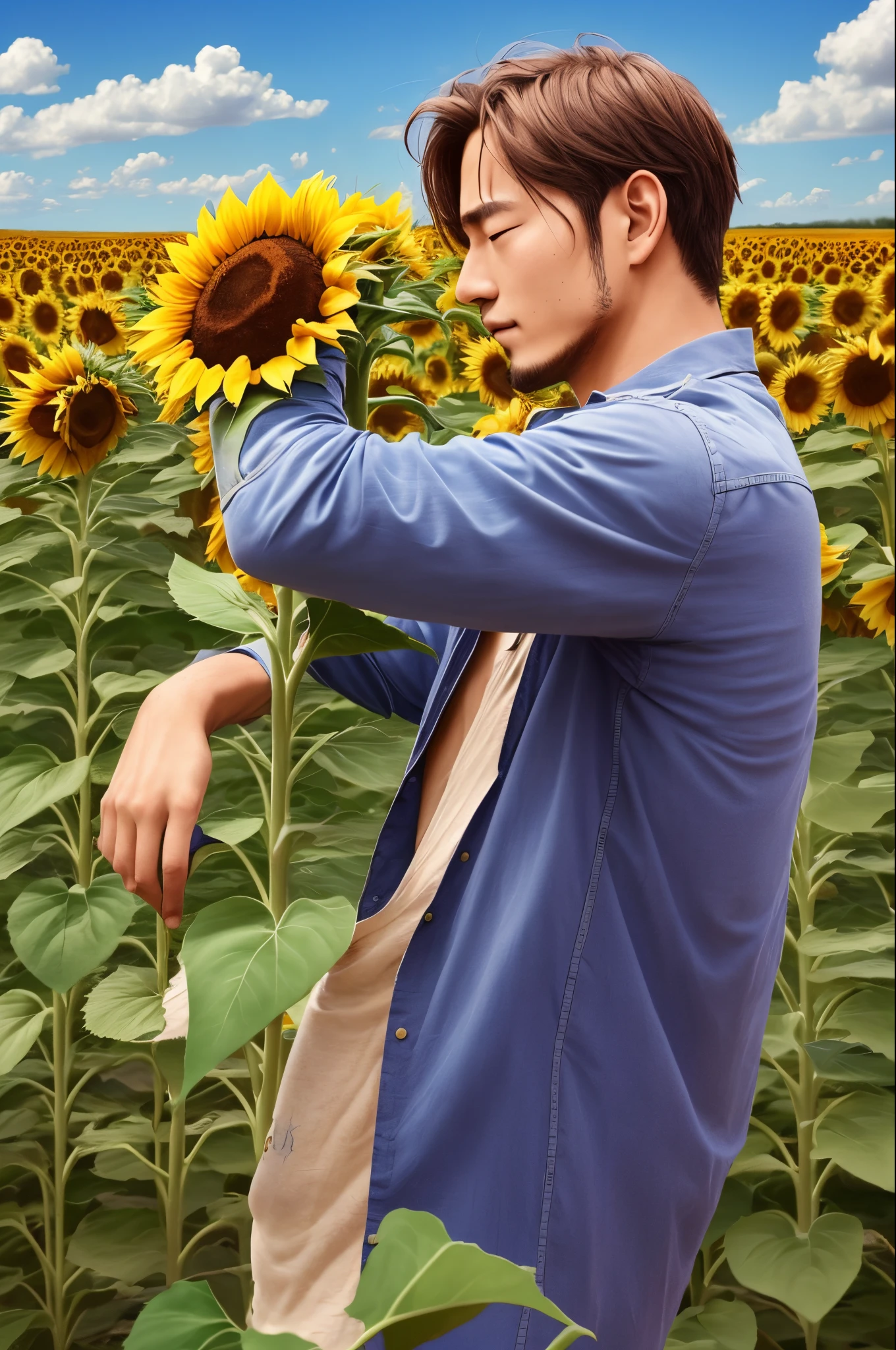 a side view picture of an over-20 man picking sunflower while feeling the breeze brushing through his hair and cheeks --auto --s2