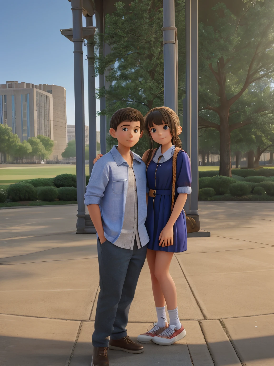 A couple of people standing next to each other on a sidewalk - SeaArt AI