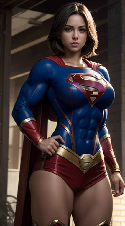 Super strong busty muscular DCEU Supergirl, super strong huge biceps, well toned strong abs, huge breasts, Sasha Calle, short hair