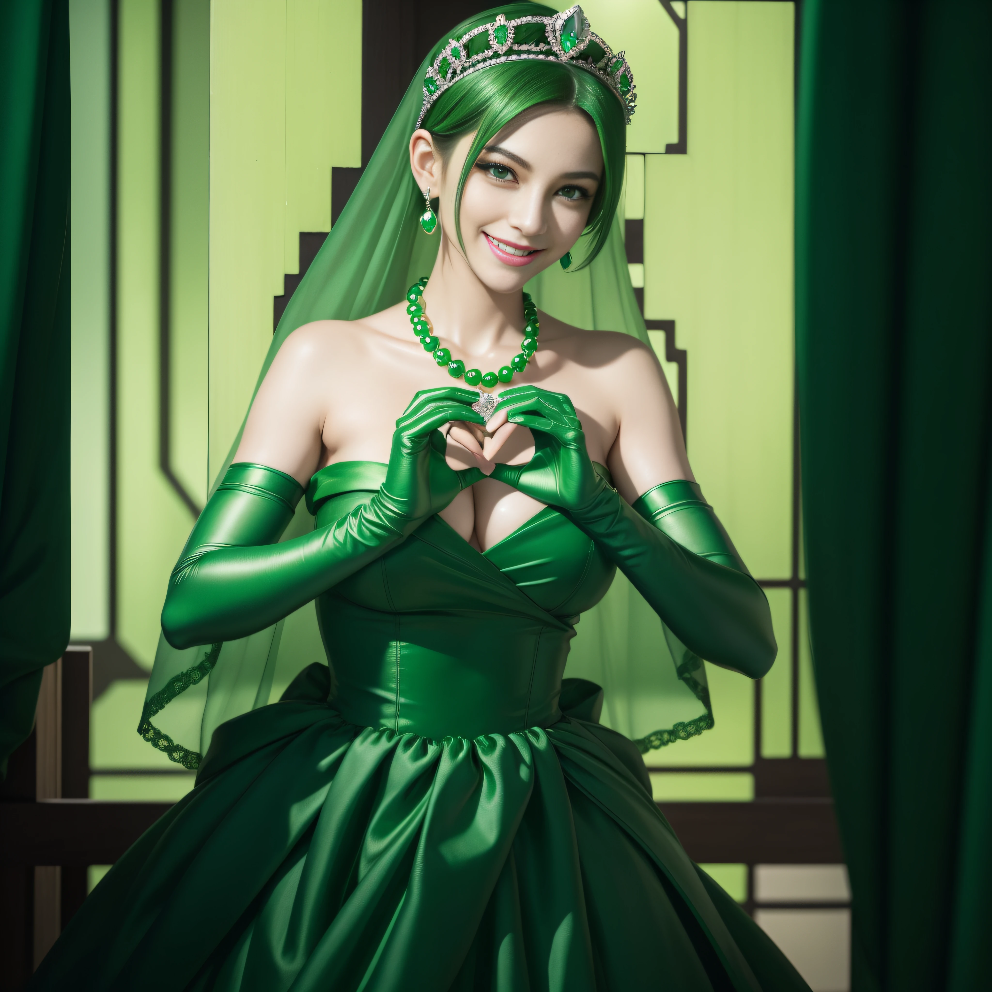 emerald tiara, Green Pearl Necklace, Boyish very short green hair, lipsticks, Japan woman smiling, very short short hair,  big breasts beautiful, Green eyes, Long green gloves made of satin material, Green eyes, Emerald Earrings, green vale, Heart with both hands