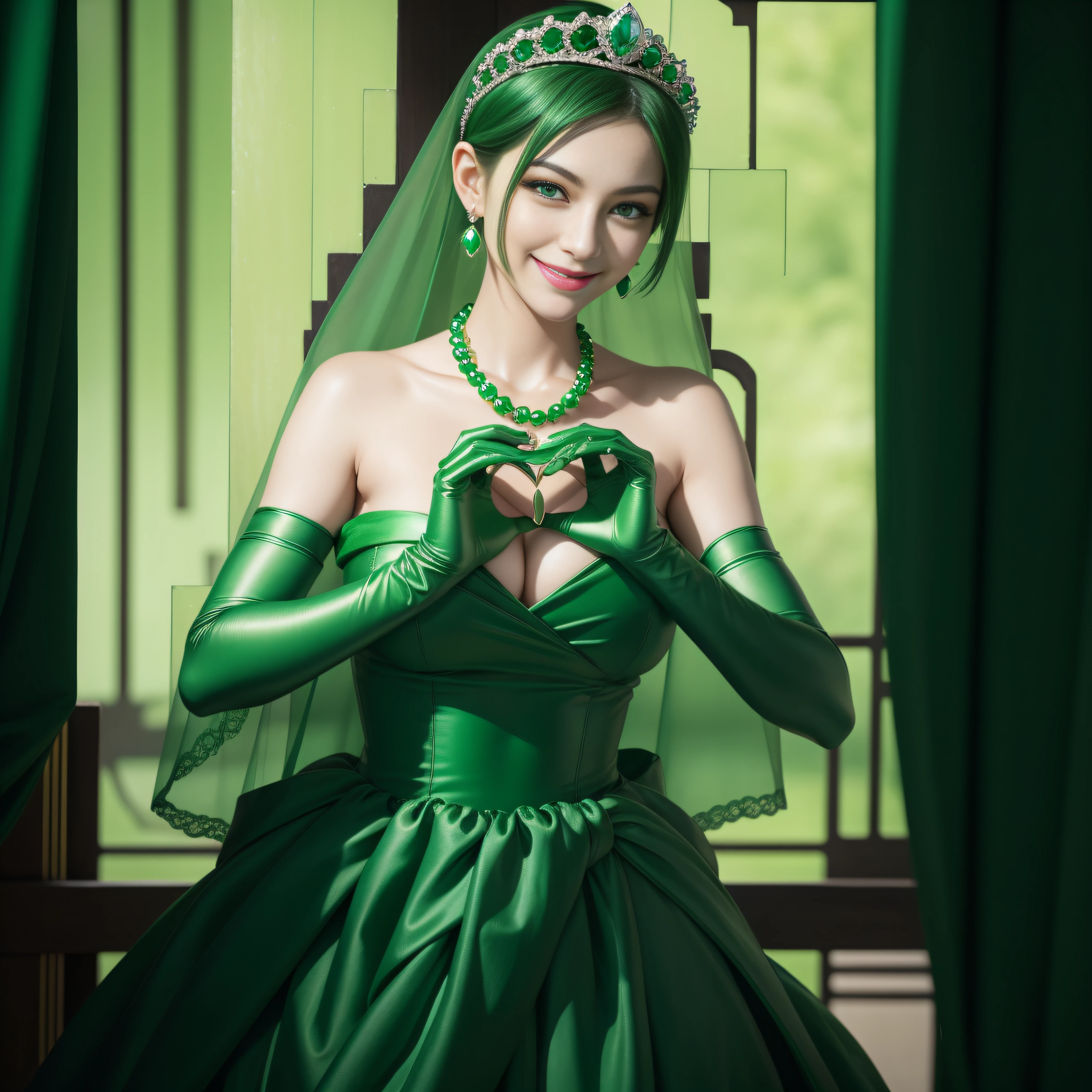 emerald tiara, Green Pearl Necklace, Boyish very short green hair, lipsticks, Japan woman smiling, very short short hair,  big breasts beautiful, Green eyes, Long green gloves made of satin material, Green eyes, Emerald Earrings, green vale, Heart with both hands