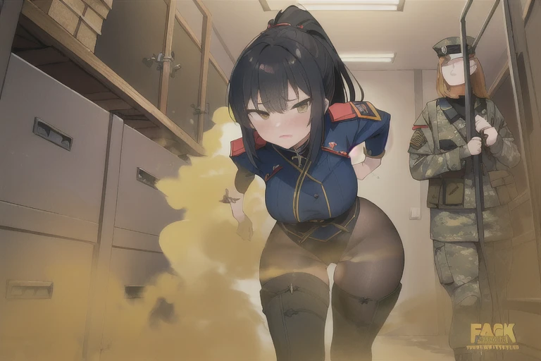 ((blackhair hair ponytail))),Yellow smoke,Attacked by farts, Attack with farts,)),(attacks prisoners with farts)),((Sticking out the butt)),((wearing a military soldiers outfit)),velocity,, (((Yellow smoke is rising ))),((Hip Attack)),((),((Facing this way))),masterpiece:1.2、top-quality)、(the Extremely Detailed CG Unity 8K Wallpapers、ultra-detailliert、Best Shadows)、(细致背景)、(The best lighting、extremely delicate and beautiful)、depth of fields,((Girl fart)),(),(((((There is a male prisioner and a female military soldiers.......))))),(((Female military soldiers attacks male prisioner in the face with a hip attack..))),(((high-handed female military soldiers)),(((A male prisioner who endures pain))),((big boob)),((big butt)),,((the camera record them)),((farting on weapon room)),(),((weapon room)),((fart text))