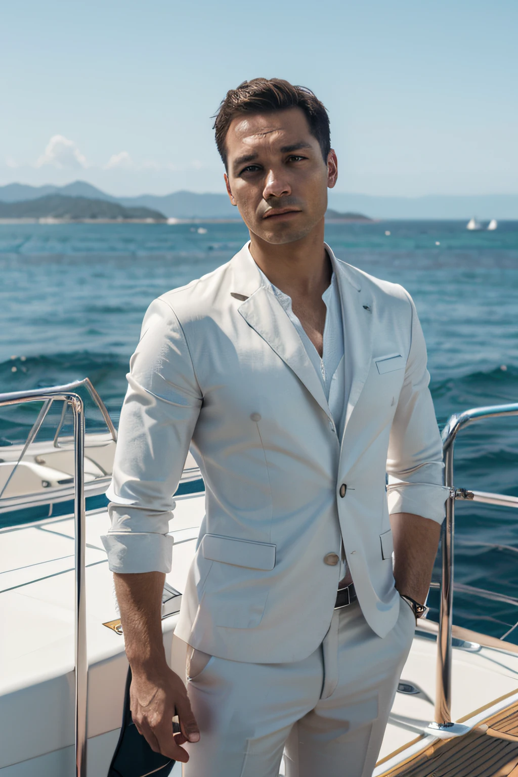 solo, front view, (photo_(medium)), (looking at viewer:1.2), (1 man:1.3), (yacht:1.4), (standing:1.5), bright light, business suit, age 35, sea background, (hyperrealism:1.2), (8K UHD:1.2), (photorealistic:1.2), shot with Canon EOS 5D Mark IV, detailed face, detailed skin texture, undress