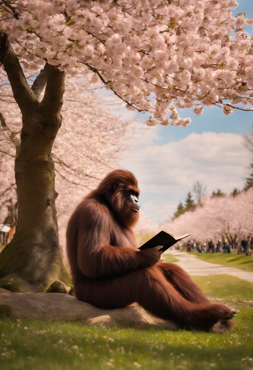 A cozy shot of me enjoying a peaceful afternoon with a book and a cup of tea, surrounded by blooming cherry blossoms in the park.,original,sasquatch, big foot, hairy, covered in hair, male