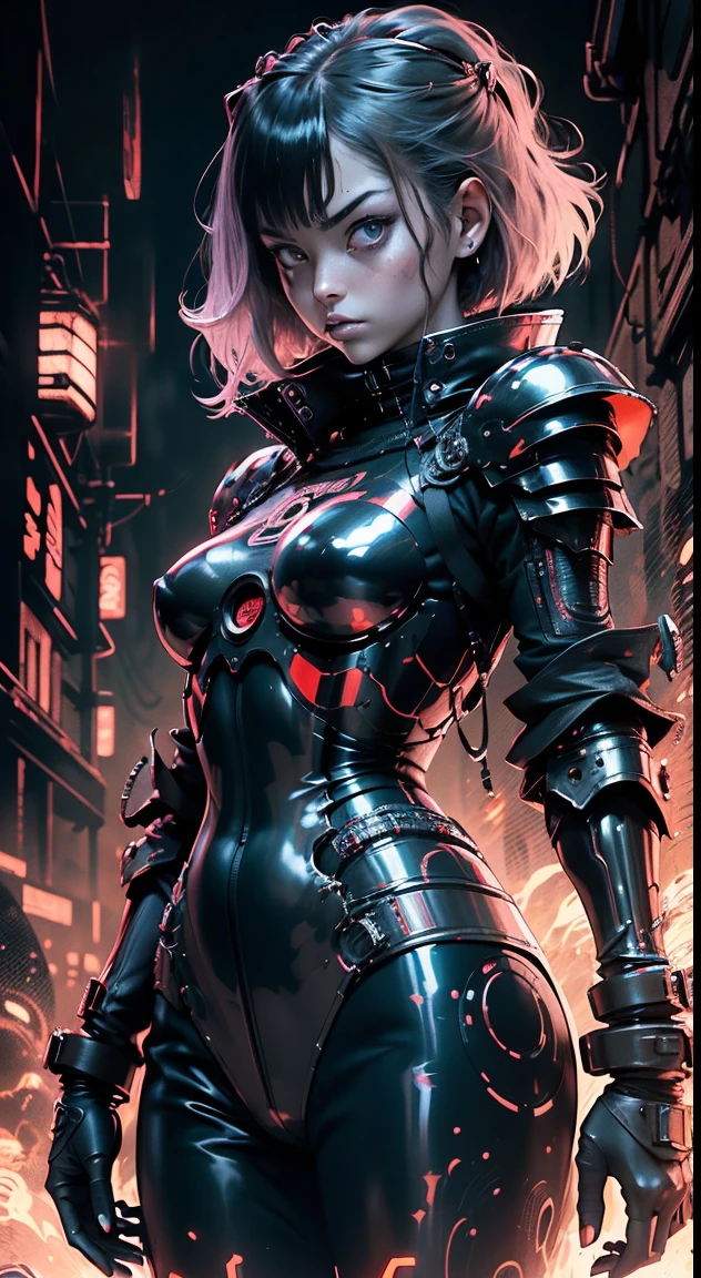 anime style from 80's, (woman in sci-fi armor, dark red-gray armor), style of junji ito, sweat under the eyes, Ink sketch, monochrome with two colors, armored tubes and wires, Complex background, dark pattern with black gradients, style of junji ito, Ghost in the Shell, small key, low-contrast