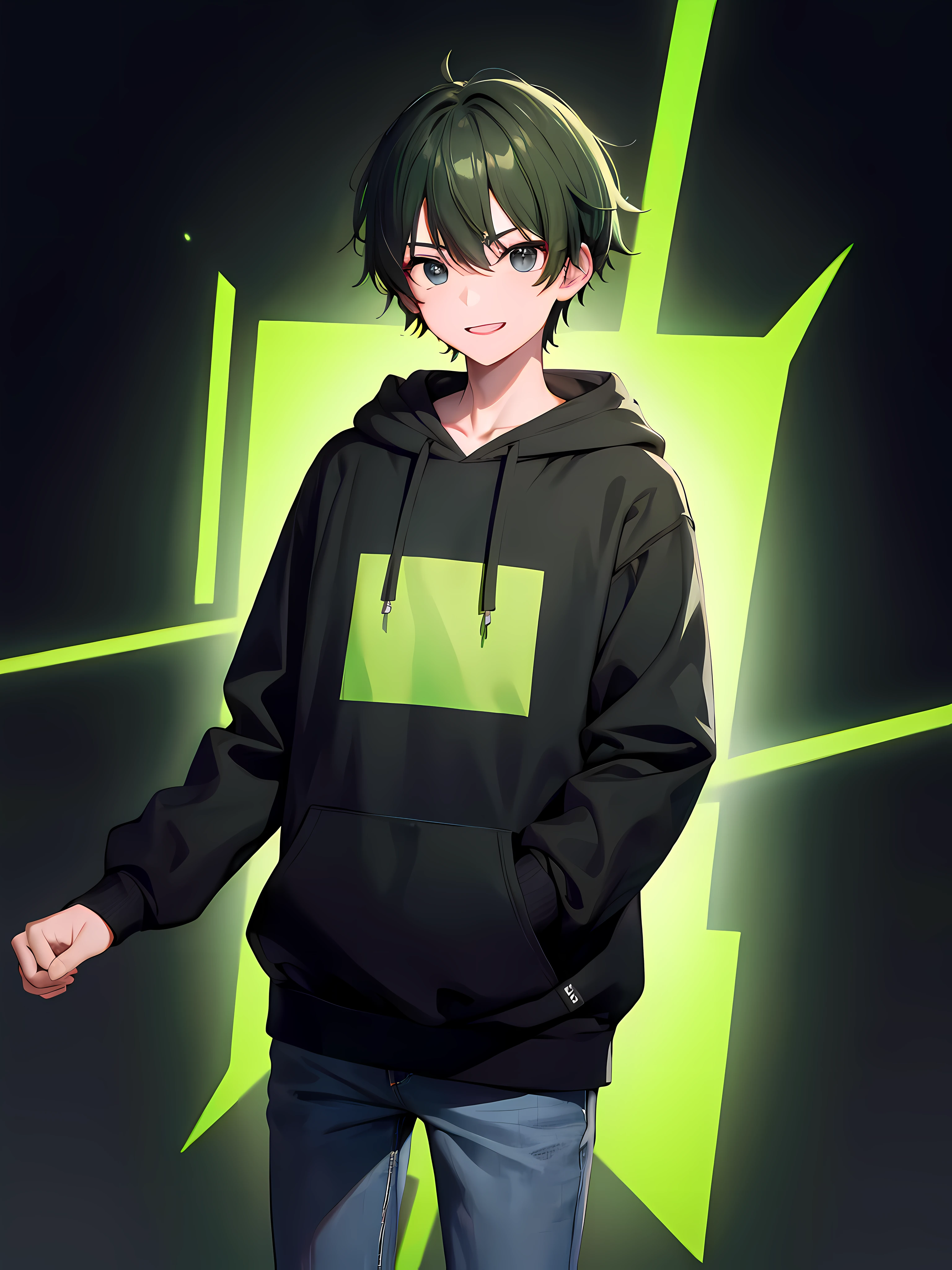 1 boy, teenager, light and dark green hair, black eyes, black hoodie slightly covering the hair, green strips on the sleeves , plain black jeans, school background,absurd res,8k, masterpiece, looking at viewer, mature make, hard smile