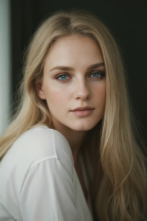 , editorial photograph of a 25 year old woman with long blonde hair), (highly detailed face:1.4) (smile:0.7) ,natural beauty,green eyes,(moody, private study:1.3) POV, by lee jeffries, nikon d850, film stock photograph ,4 kodak portra 400 ,camera f1.6 lens ,rich colors ,hyper realistic ,lifelike texture, dramatic lighting , cinestill 800