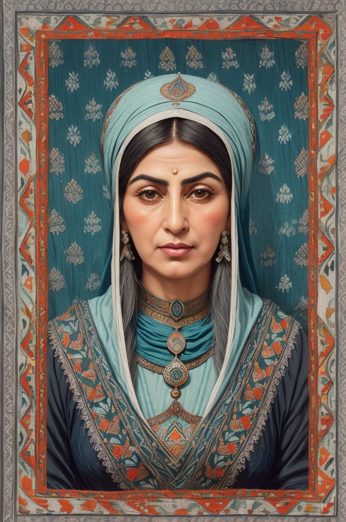 Persian Qajar period woman , ((50 years old)) , heavy wrinkle on face , (gray and white hair) , in traditional teal and orange clothes include (((fish pattern on textile))) , background contains painting of(( nightingale)) among orchid and tulip flowers, floral frame , ((perfect rectangular frame))