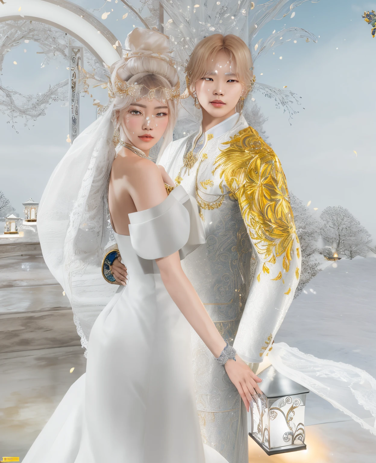 there are two women dressed in white and gold standing next to each other, & jeehyung lee & wlop, bride and groom, wedding, white and gold robes, luxurious wedding, snapshot, wedding photo, wlop and ross thran, gold and white robes, white and gold priestess robes, asya yoranova and alan lee, inspired by Rudolf von Alt