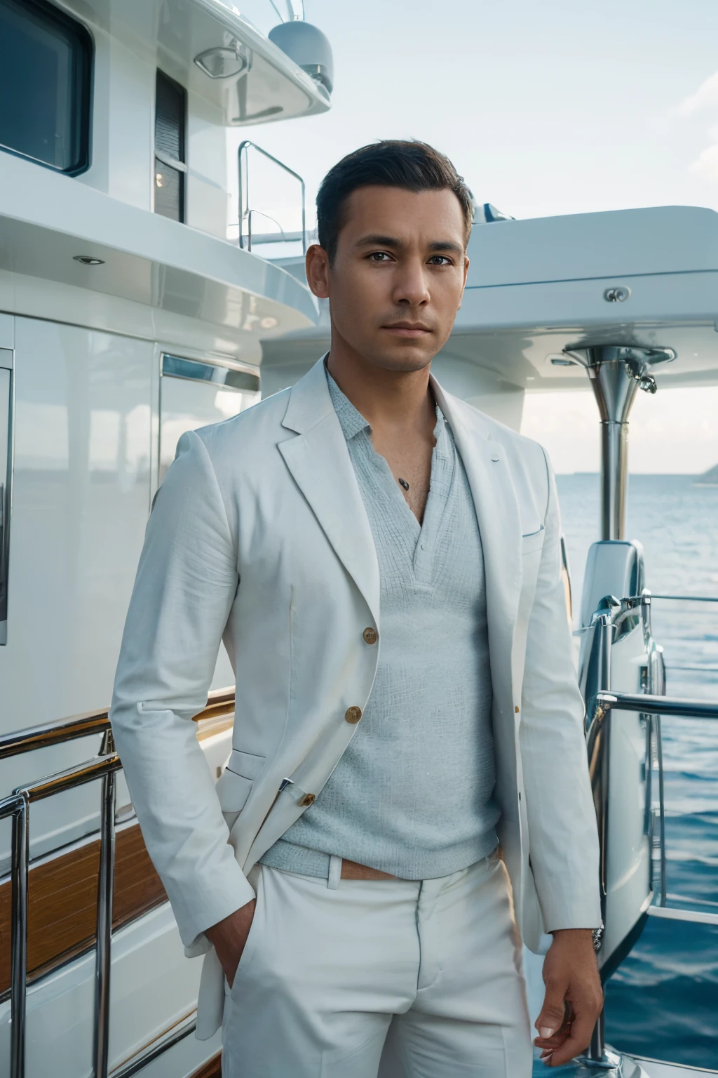 (photorealism:1.2), (8k), (high quality) (detailed), (photorealism:1.2), (8k) (detailed) (Whole body)(man) facial features: Square face with a marked jaw, prominent cheekbones and thick, dark eyebrows. Adds youth to your appearance.hair: hair oscuro, usually combed back or styled slightly tousled, which can vary between short and medium.eyes: eyes verdes oscuros, with a penetrating look that expresses confidence, with cross-shaped hoops on each side.Complexion: slim and well defined. Height 1.80, which gives it an imposing presence.style: Your style of dress: white sweater, cotton pants, chalina.Skin tone: Skin tone bronceado, typical of the Mediterranean.Expression: He usually has a serious or concentrated expression., Although he can display a charming and confident smile.(sitting in a pool next to women )