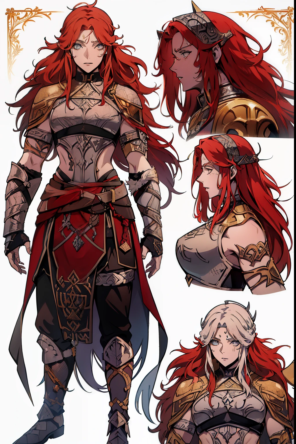 ((Norse viking queen cabelos vermelhos boutique)) forte com tatuagens e armadura volumosos 4k, HD