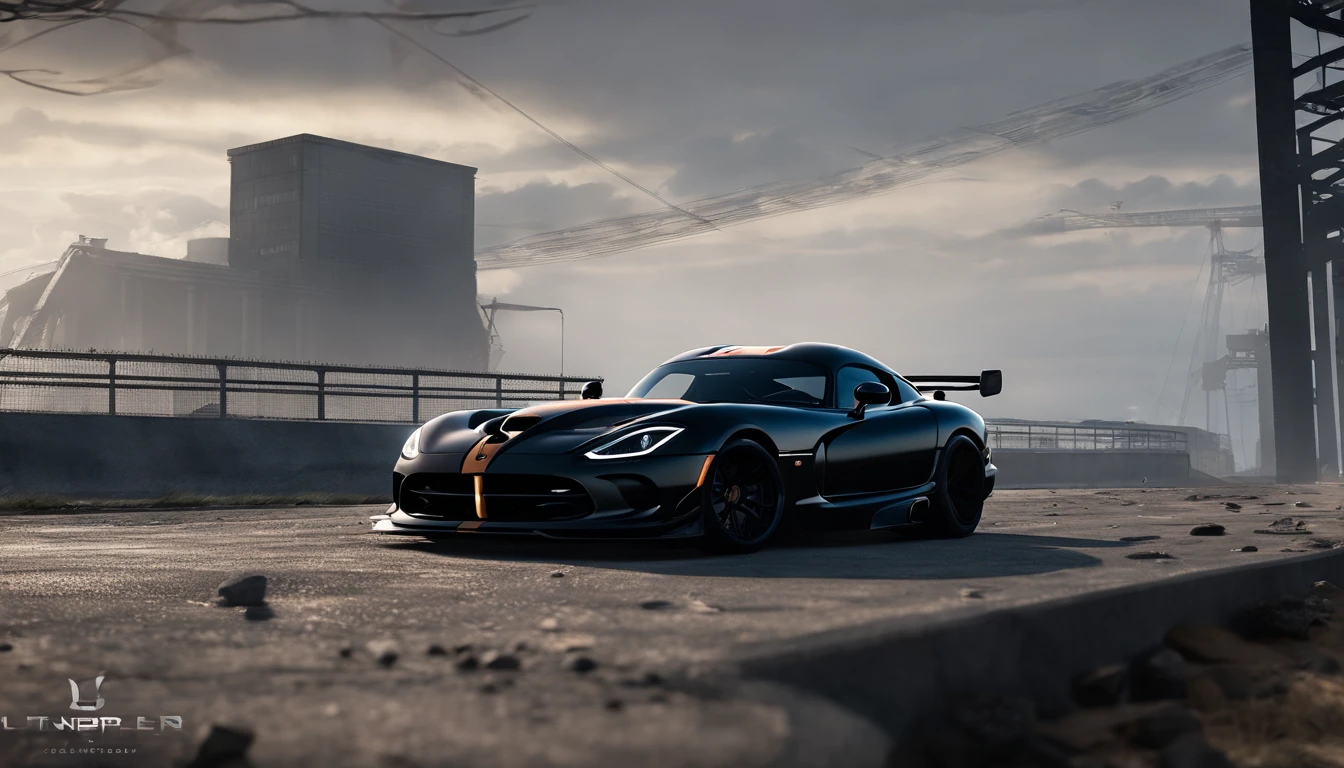 ((Blacked out dodge viper GTS-R)), (jonsibal body kit), matte black, flared wheel arches, menacing look, perfect design and craftsmanship, high performance, side exhaust pipes, (rear spoiler, side skirts, very low suspension, racing tires and deep dish alloys, front race spec bumper (with splitter), dusty and gloomy setting, Nostalgic climate-dystopian vibes, standing on outdoor bridge, desolate background, epic composition, cinematic low lighting, awe inspiring design, imaginative wide angle shot, sensational, (fog lights on), CGI, CGSociety, subsurface ray scattering, depth of field, behance contest winner, trending on artstation, automotive concept art created using 3ds max, Houdini VFX, keyshot and corona renderer, unreal engine, AAA game art, visually captivating, superior detail and design craftmanship, (8k photorealistic), ((masterpiece, best. Quality))