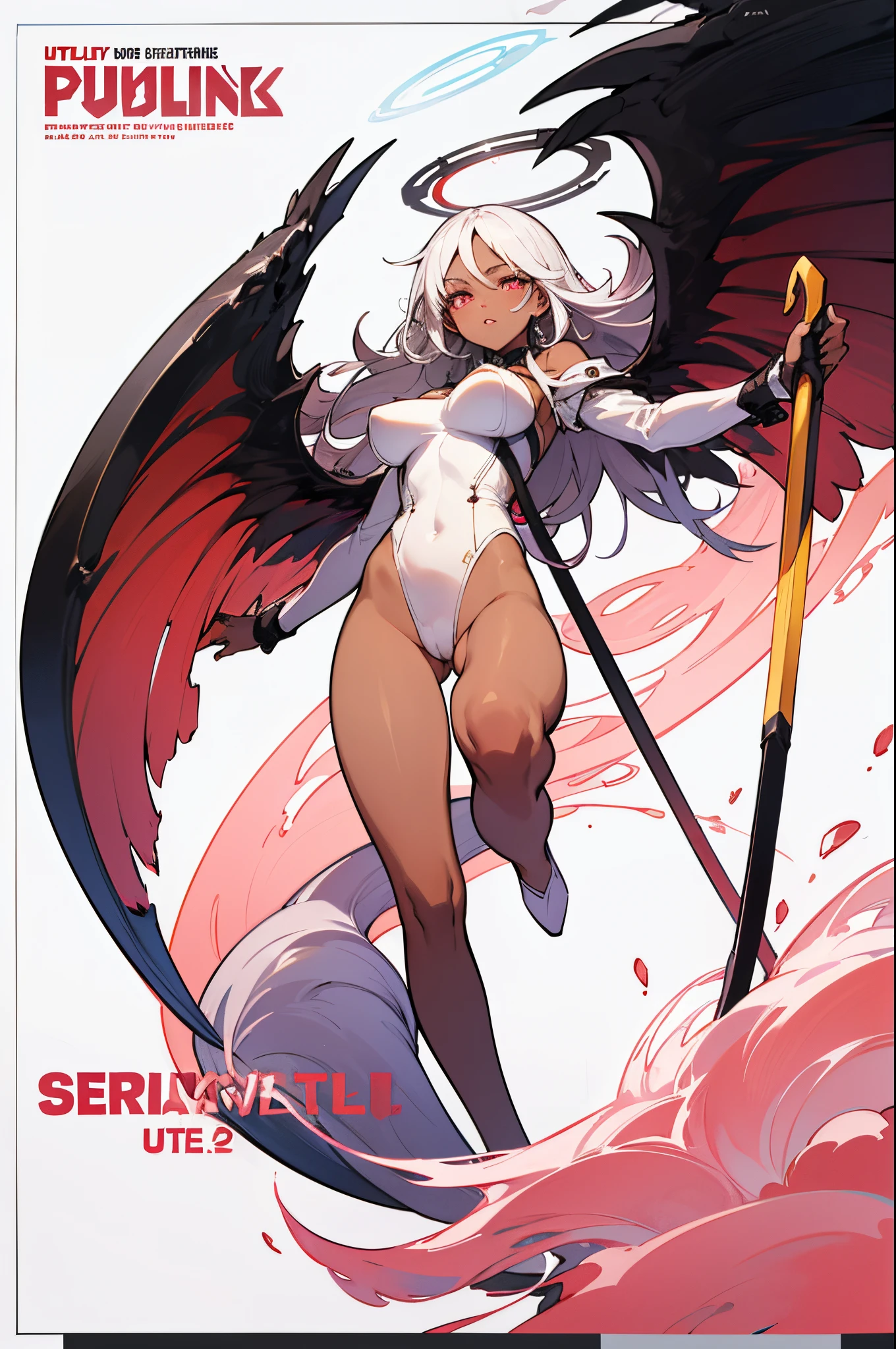 (((from below))), full body, soars, huge scythe, ((pussy)), ((cover, poster)), (((skinny))), masterpiece, best quality,ultra-detailed,1girl, (big nipples:0.8), young girl, outstretched chest, big breast, white hair, dark skin. pink eyes, long hair, white leotard, wings, halo, lace