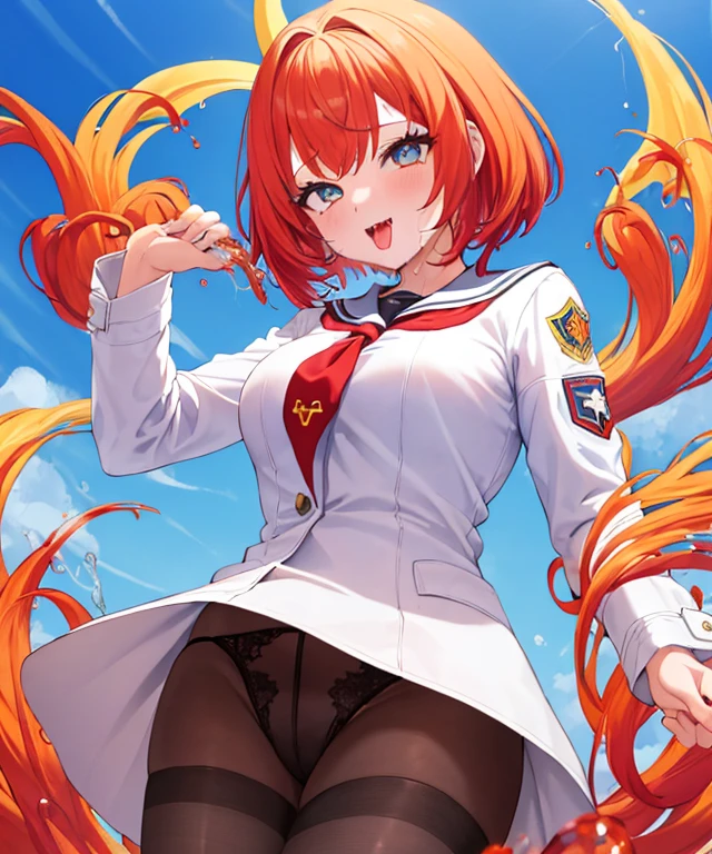1girl, AHG, olhos revirados, tongue,
cowboy shot, Serafuku, saia, Sinal de Paz Dupla, sorrir, Saliva, sozinho, suar, Babando, fundo brancomasutepiece, best quality, high resolution, Ultra high resolution, profundidade de campos,2girl em, olhos vermelhos, red hair, ((Bob Cabelo)), (white doctor coat:1.2), seios pequenos, clivagem, In Underwear, (black underwear:1.1), (black tights:1.1, pele exposta, sentado, Hospitais,pernas separadas,A large amount of clear liquid spills,Hair is shinya large amount of liquid is overflowing