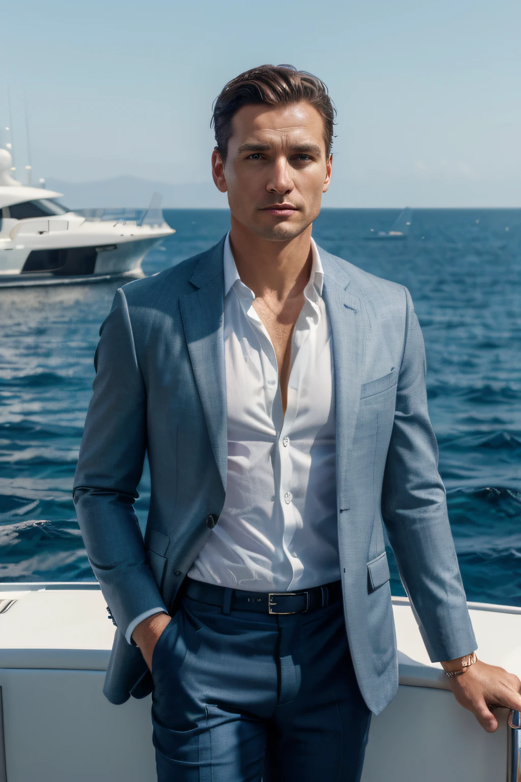 (medium shot portrait:1.3), solo, front view, (photo_(medium)), (looking at viewer:1.2), (1 man:1.3), standing on a yacht:1.4), bright light, stylish business suit, age 35, sea background, hyperrealism:1.2), (8K UHD:1.2), (photorealistic:1.2), shot with Canon EOS 5D Mark IV, highly detailed facial features, intricate skin texture, partially undressed with the business suit jacket open, revealing a sophisticated shirt underneath, with an air of relaxed elegance and confidence, against the luxurious backdrop of a yacht with clear blue sea and sky, highlighting the man's composed and affluent demeanor.