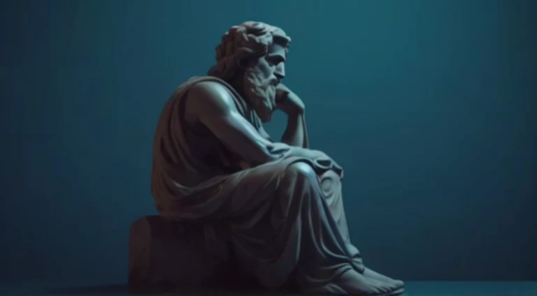 a statue of a man ( epícteto) sitting on a rock with his hand on his chin with temple background, Estoicismo, philosopher, Pose estoica, an ancient greek statue, divino e estoico, inspired by Theophanes, o grego, classical statue, stoic, estoico and calm, Greek statue, a statue, theophanes, by Theophanes, o grego