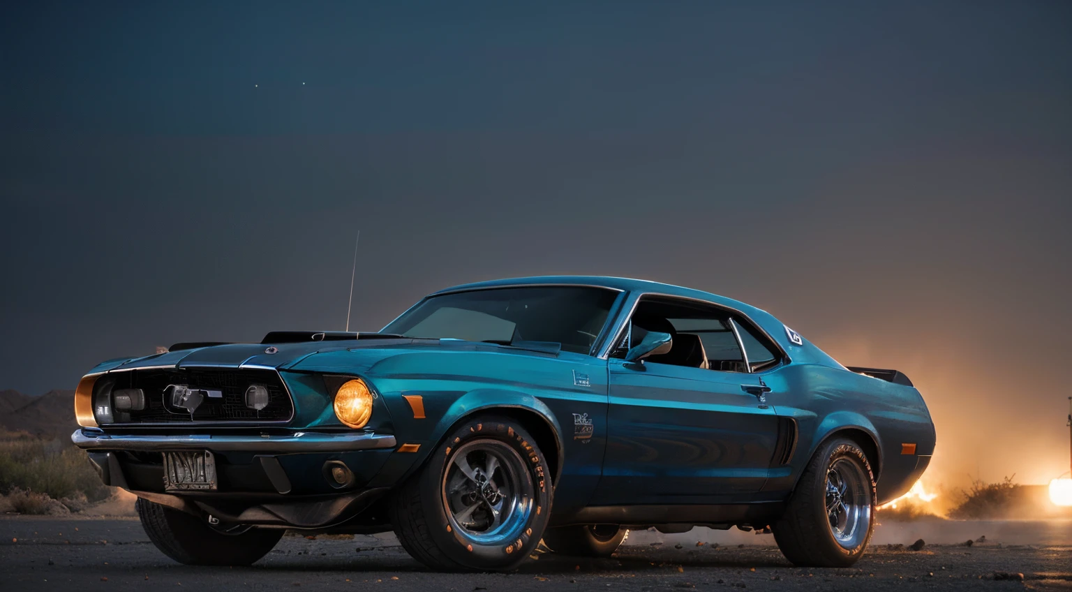 tuned gradient painted 1969 ford mustang at sunset desert, in action, long exposure, burnout, car photography, masterpiece, award winning photography, intricate details, cinematic shot, cinematic lights, photorealism, detailed textures, sharp focus, dirty wheels, rocks, headlights turned on, dirty wind, low exposure,