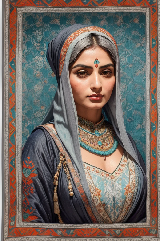 Persian Qajar period woman , glamour babe , sexy looking , ((30 years old)) , heavy wrinkle on face , (gray and white hair) , in traditional teal and orange clothes include (((fish pattern on textile))) , background contains painting of(( nightingale)) among orchid and tulip flowers, floral frame , ((perfect rectangular frame))