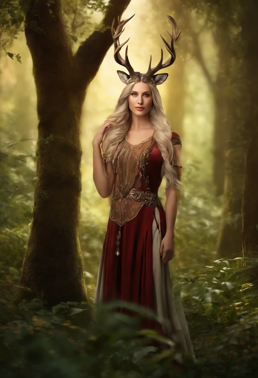 A selfie of Saeval using her healing magic to soothe a wounded deer in the heart of the Enchanted Forest, surrounded by ancient trees and glowing flora.,original,Saeval Daeybreak has pointy elf ears, his hair is silver and he has a goatee. Saeval is 560 years old but appears to be in his early 30s. , male