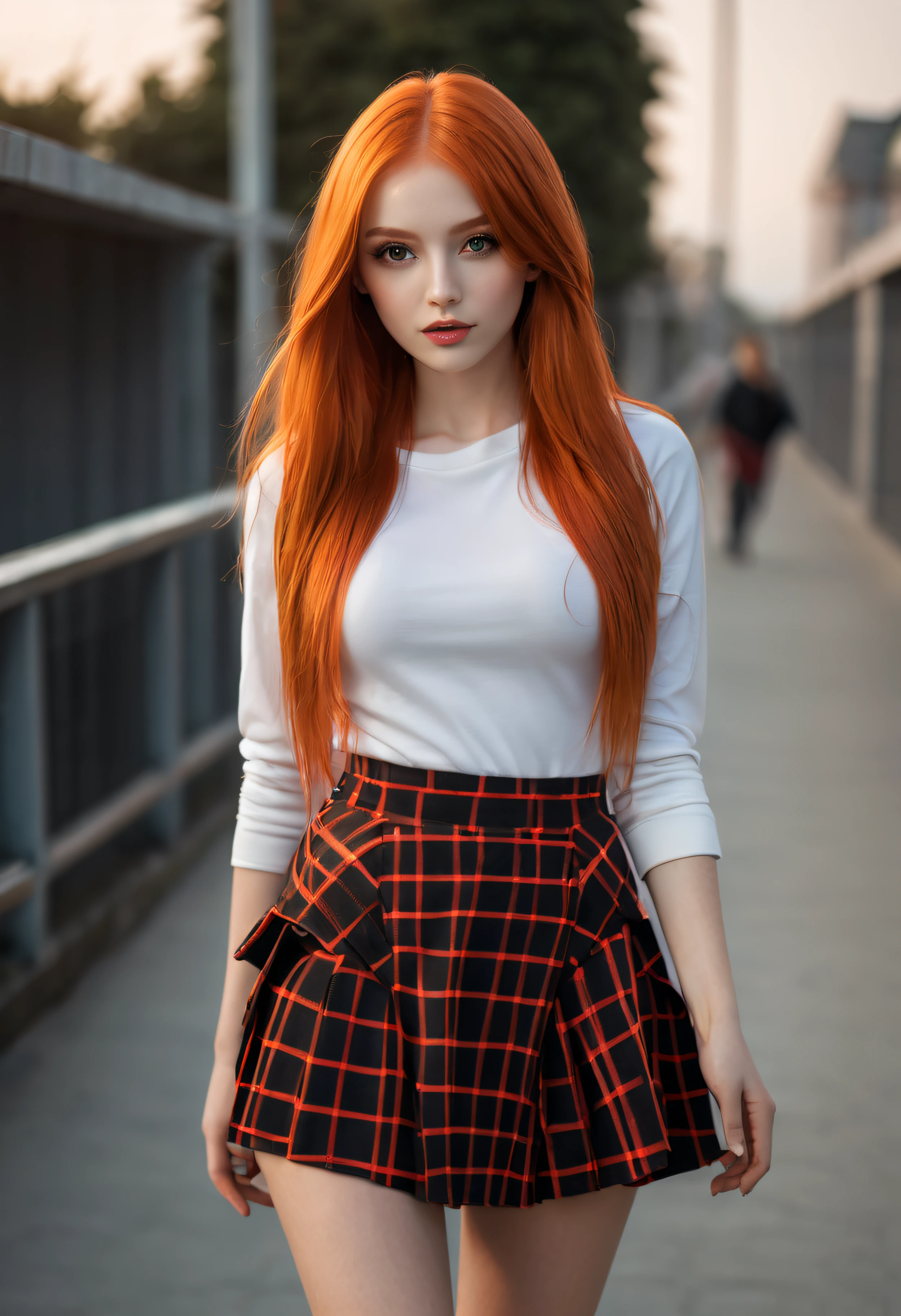 BEAUTIFUL GIRL OF MODEL APPEARANCE,WITH LONG ORANGE HAIR ,IN A RED AND BLACK CHECKED SKIRT,IN A SHORT SKIRT,ABOVE KNEE SKIRT,Skin detailing,LUMINESCENT ,8K