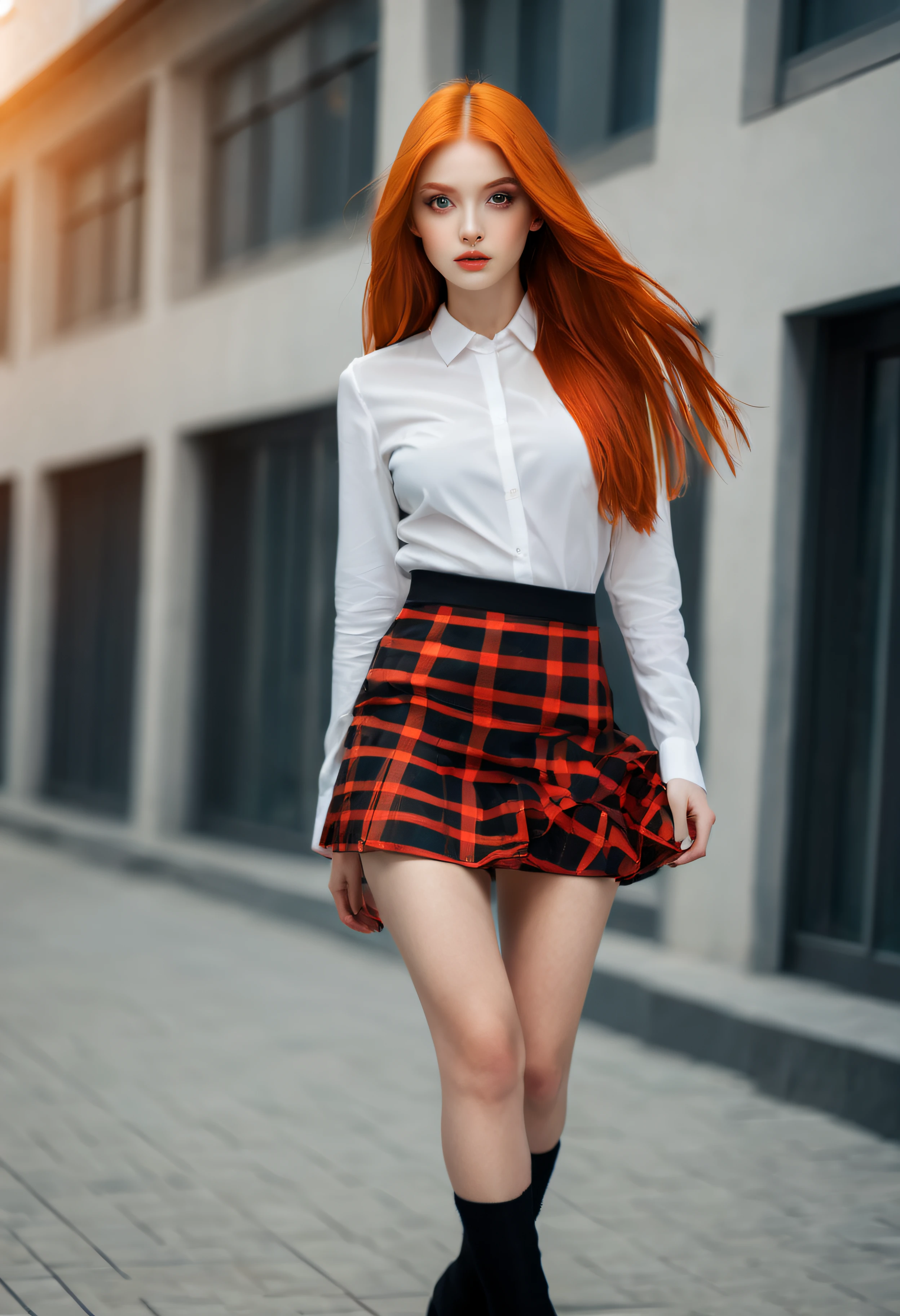 BEAUTIFUL GIRL OF MODEL APPEARANCE,WITH LONG ORANGE HAIR ,IN A RED AND BLACK CHECKED SKIRT,IN A SHORT SKIRT,ABOVE KNEE SKIRT,Skin detailing,LUMINESCENT ,8K