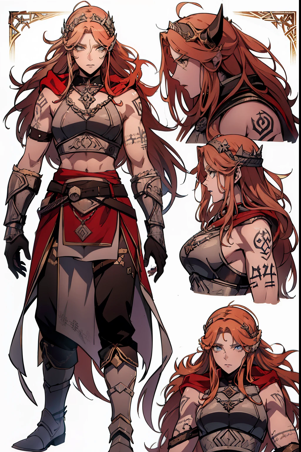 ((Norse viking queen cabelos vermelhos boutique)) forte com tatuagens e armadura volumosos 4k, HD