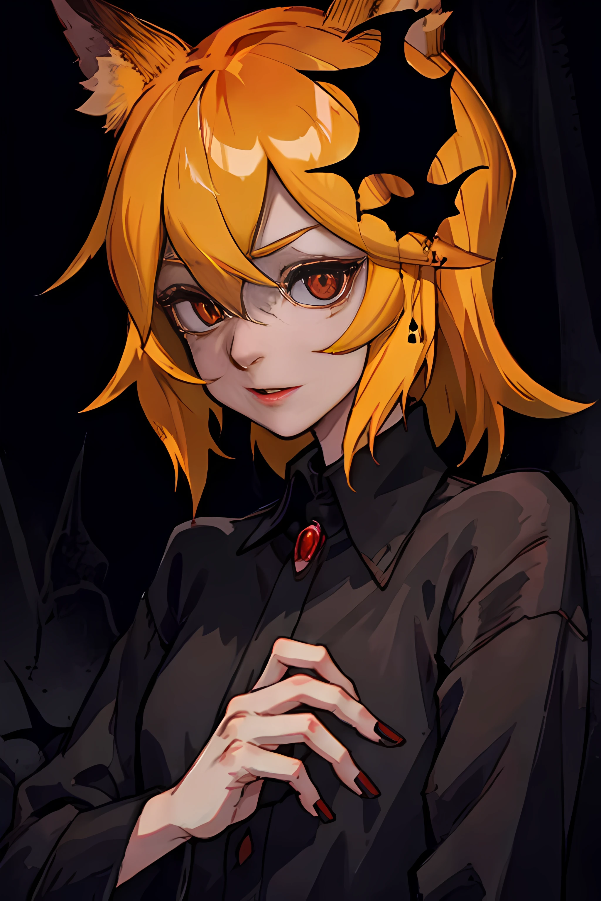 Close-up of only the sinister and glowing demonic eyes...., Dark, Chilling horror movie elements, Perfect masterpiece, hiquality, High Resolution, Fox ears, yellow hair strokes