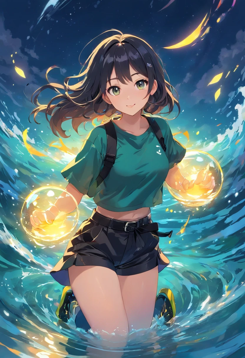 (((best quality)), ((Ultra-detailliert)), ((Meisterwerk)), Illustration,(Oase),(Seen),(Detaillierter klarer Hintergrund),(klarer Hintergrund),(Detailliertes Licht),Beleuchtung,(klarer Himmel),Nacht,Sterne,Sternenhimmel,Mondlicht,(Detaillierter Klarwassertropfen:1.1),(curl:1.1),(See:1.1),((Bunte Aurora)),
1girls, nur, ((full entire body)),(detailliertes Gesicht), the highest detail, Mittleres Haar, Unordentliches Haar, Watery eyes, zweifarbiges Haar, Haar mit Farbverlauf, mehrfarbige Scrunchie schwarze Cropped-Jacke,Komplexe Kopfbedeckungen,nackte Schultern, Cutout above the belly button, detached sleeves, puffy short sleeves, schwarze Shorts, black belt, Over-the-knee socks, Turnschuhe, Arme an den Seiten, Langsames Gehen auf dem Wasser,Neigung des Kopfes, easy smile,Lichtstrahlen, (Hoher Kontrast),(((Farbiger Farbhintergrund)))