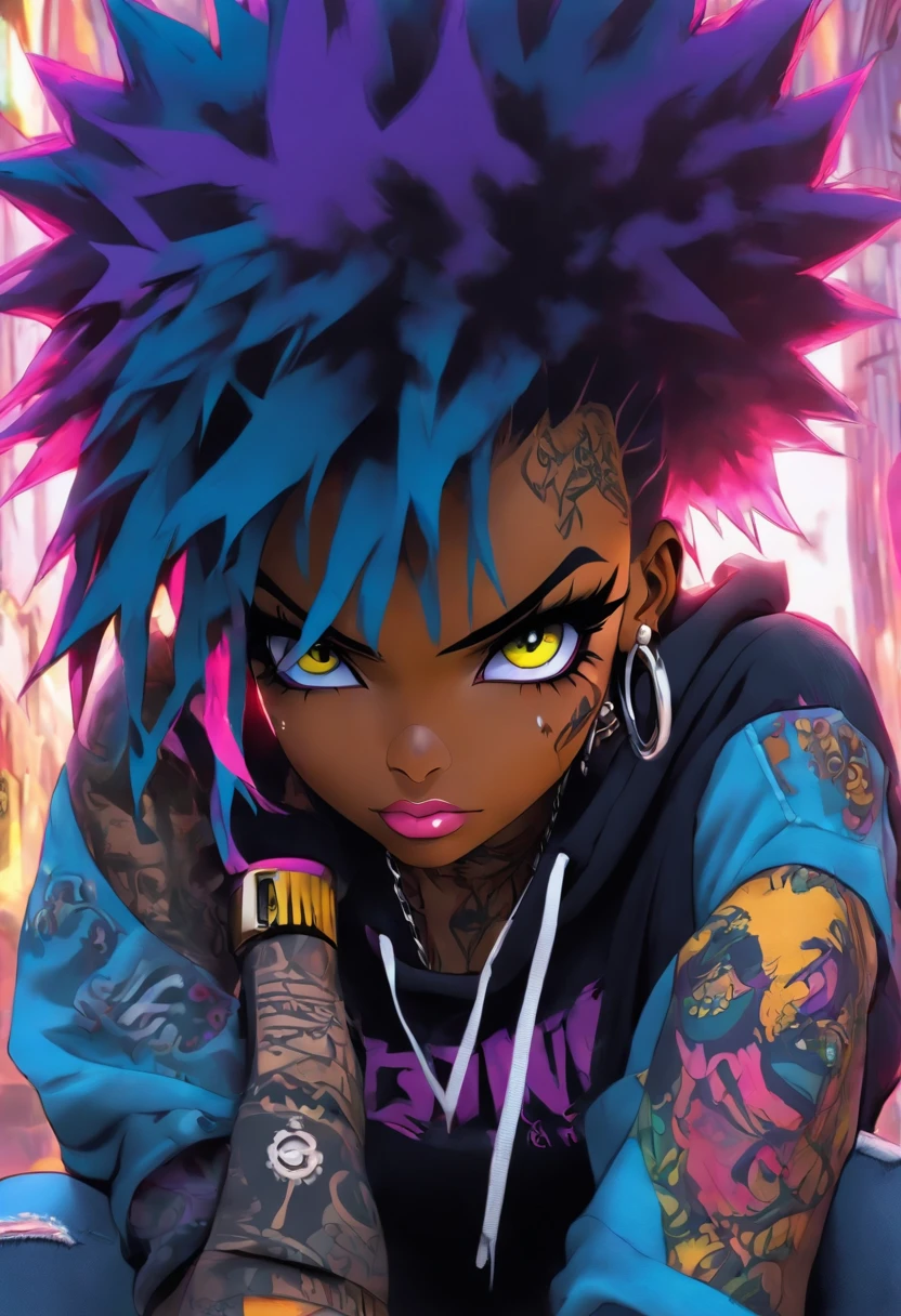 The most beautiful and sexy punk rock girl, black Afro, black and purple, blue hair, yellow eyes, dark skin, wearing a hoodie, Graphic design jacket and torn skinny jeans, tons of tattoos and piercings, Perfect masterpiece, high quality, High resolution, big tits