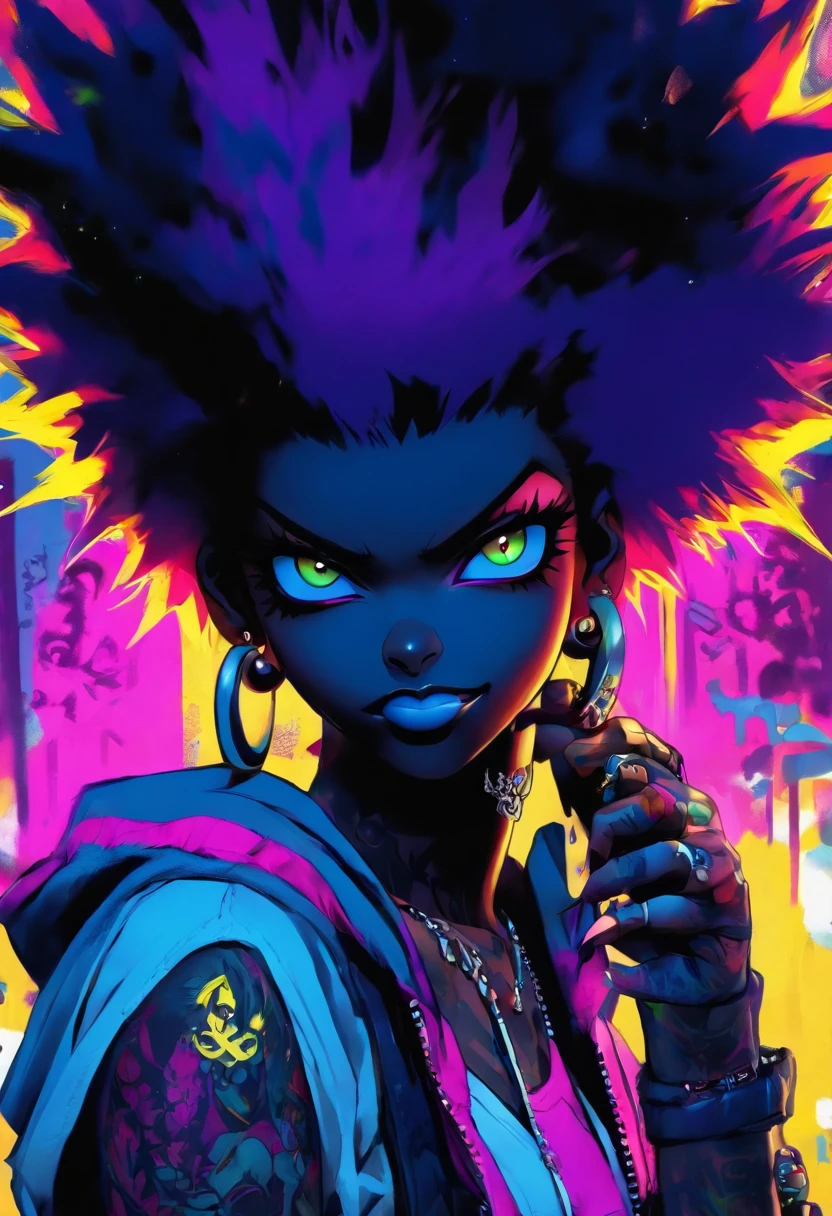 The most beautiful and sexy punk rock girl, black Afro, black and purple, blue hair, yellow eyes, dark skin, wearing a hoodie, Graphic design jacket and torn skinny jeans, tons of tattoos and piercings, Perfect masterpiece, high quality, High resolution, big tits