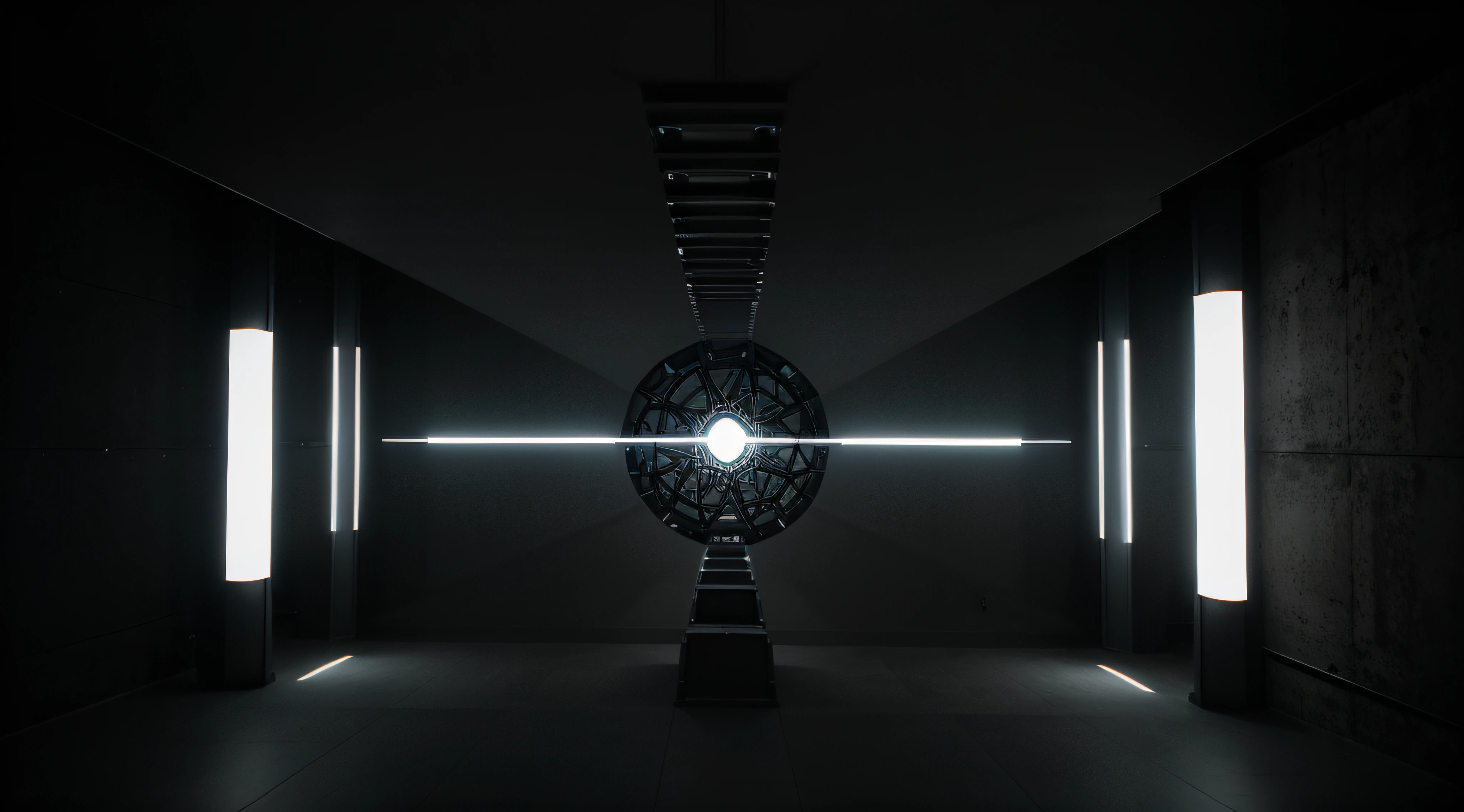 Entwickle einen Hintergrund, der die kreative Fusion von Klang und Grafik widerspiegelt. Verwende eine dunkle Grundfarbe, to create a mysterious and powerful atmosphere. Integriere abstrakte grafische Elemente, die an Schallwellen, Pixel oder Pinselstriche erinnern, um den visuellen Aspekt zu betonen. Add subtle lighting effects, that represent the depth and dynamism of the studio.